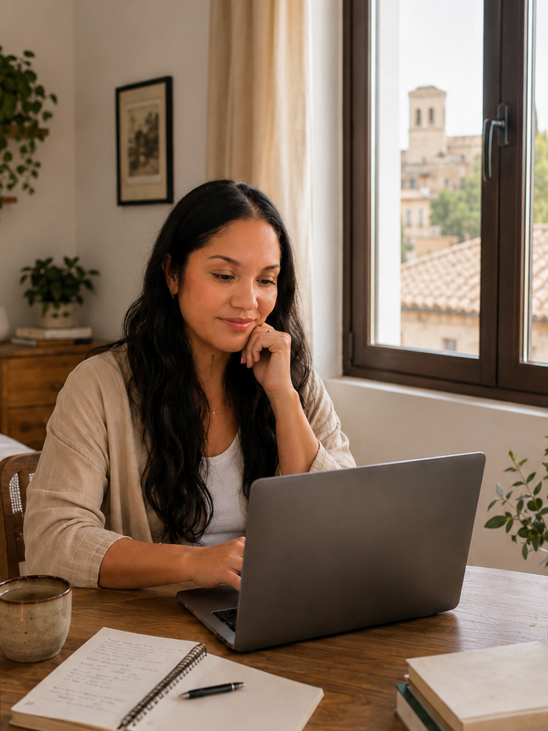 Andreina working on a laptop in Granada.